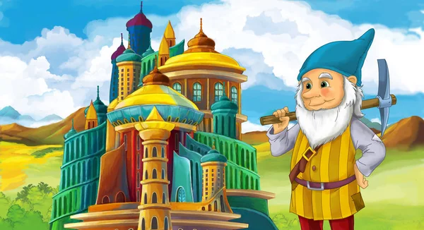 Cartoon Scene Some Miner Dwarf Big Colorful Castle Illustration Children — Stock Photo, Image