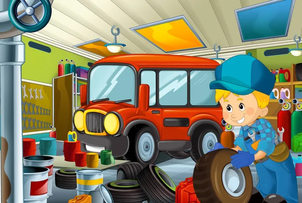 漫画ガレージ メカニック作業修理工場とのシーンのいくつかの車 消防車 やクリーニング作業所 子供のための図 — ストック写真
