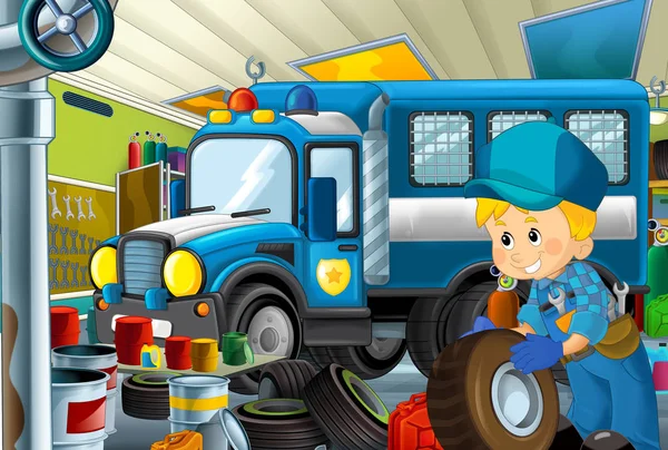 Cartoon Scene Garage Mechanic Working Repearing Some Vehicle Police Car — Stock Photo, Image