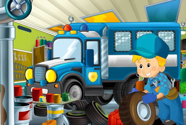 cartoon scene with garage mechanic working repearing some vehicle - police car - or cleaning work place - illustration for children