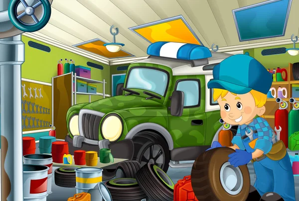 Cartoon Scene Garage Mechanic Working Repearing Some Vehicle Military Car — Stock Photo, Image