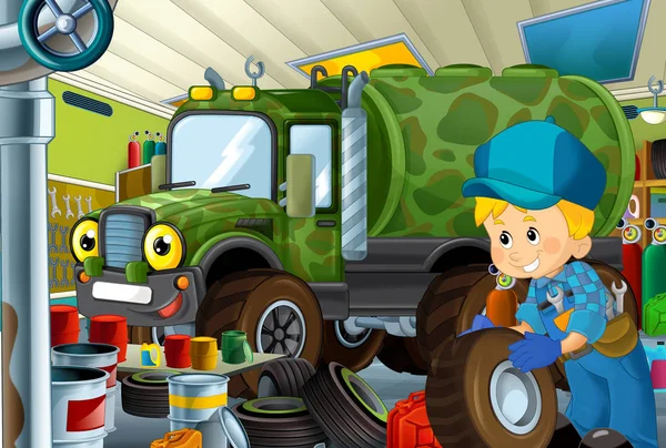 Cartoon Scene Garage Mechanic Working Repearing Some Vehicle Military Car — Stock Photo, Image