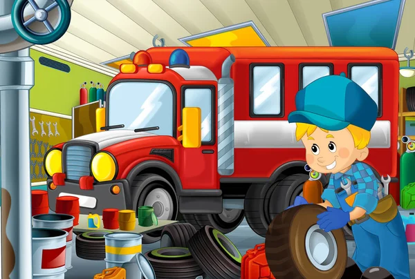 漫画ガレージ メカニック作業修理工場とのシーンのいくつかの車 消防車 やクリーニング作業所 子供のための図 — ストック写真