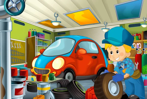 Cartoon Scene Garage Mechanic Working Repearing Some Vehicle Fireman Car — Stock Photo, Image