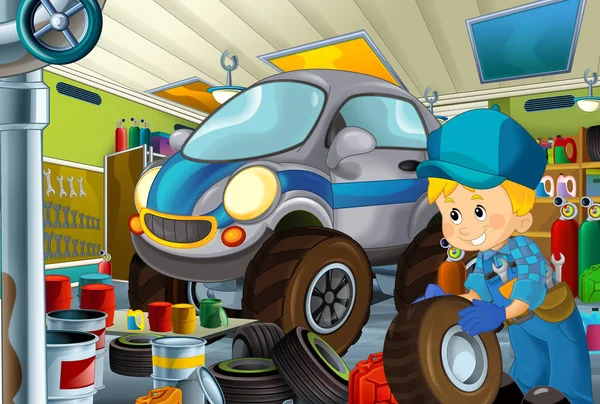 cartoon scene with garage mechanic working repearing some vehicle - police car - or cleaning work place - illustration for children