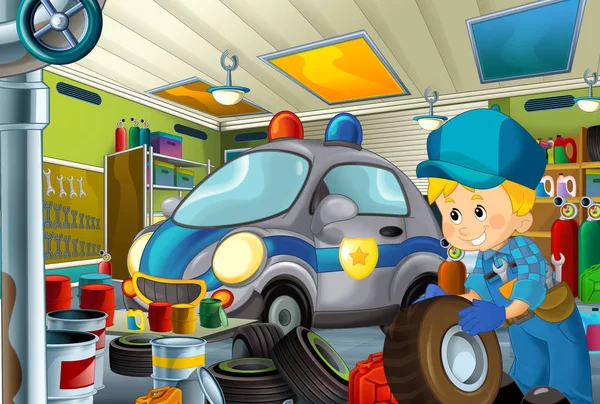 Cartoon Scene Garage Mechanic Working Repearing Some Vehicle Police Car — Stock Photo, Image