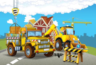 çizgi film sahne ile çalışan meşgul inşaat sitesinde - bazı işlerini - illüstrasyon çocuklar için Oluşturucu