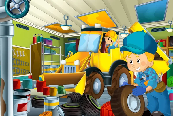 cartoon scene with mechanic in the garage working - illustration for children