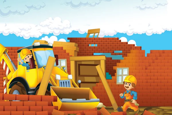 Cartoon scene with construction workers - excavator - illustration for the children