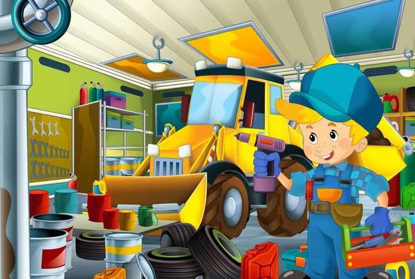 cartoon scene with mechanic in the garage working - illustration for children