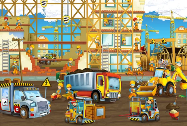 Cena Dos Desenhos Animados Com Trabalhadores Canteiro Obras Construtores Fazendo — Fotografia de Stock