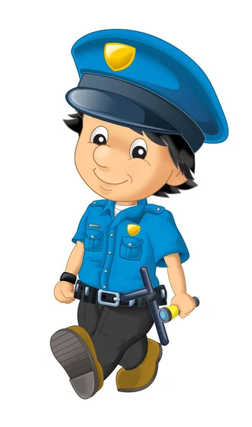 Kreslený Scény Happy Policista Službě Mluví Rádia Bílém Pozadí Ilustrace — Stock fotografie