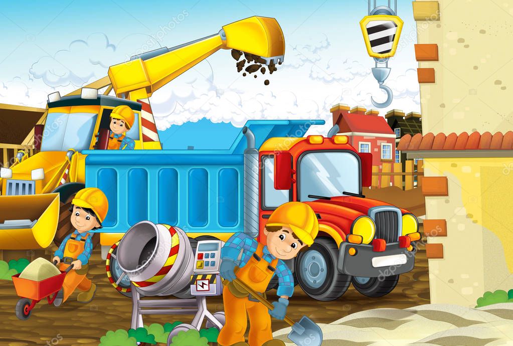 cartoon scene with workers on construction site - builders doing different things - illustration for children 