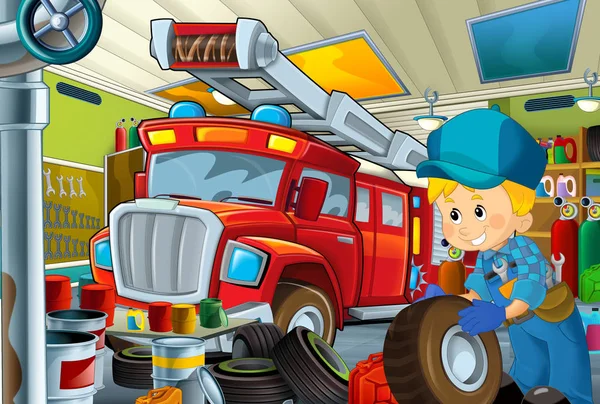 Cartoon Scene Garage Mechanic Working Repearing Some Vehicle Fireman Car — Stock Photo, Image