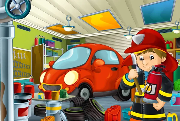 Cartoon Scene Fireman Garage Some Vehicle Fireman Car Cleaning Work — Stock Photo, Image