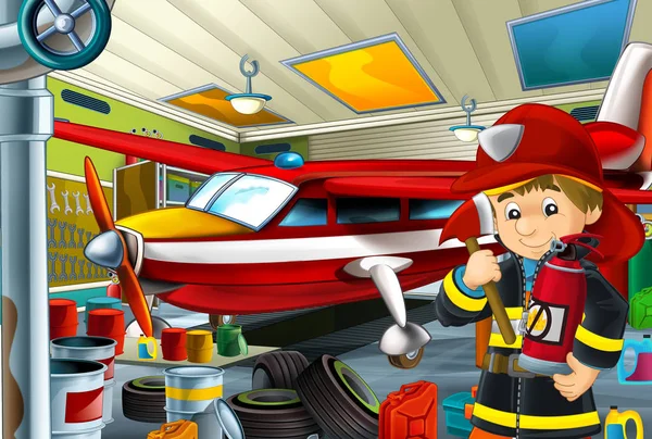 Scena Kreskówek Strażakiem Samolotem Garażu Naprawczym Ilustracja Dla Dzieci — Zdjęcie stockowe