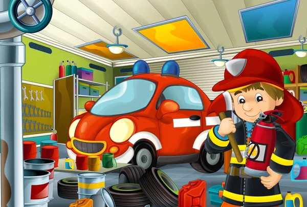 动画片场面与消防员在车库在某辆车附近 消防员汽车 或清洁工作地方 例证为孩子 — 图库照片