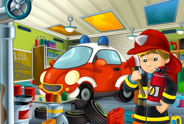 Cartoon Scene Fireman Garage Some Vehicle Fireman Car Cleaning Work — Stock Photo, Image