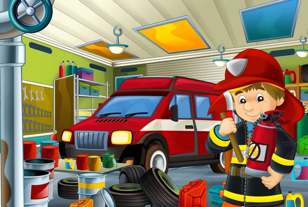 Cartoon Scene Garage Mechanic Working Repearing Some Vehicle Fireman Car — Stock Photo, Image