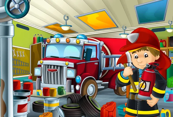 いくつかの車 消防車 やクリーニング作業所 子供のための図の近くのガレージで消防士の漫画シーン — ストック写真
