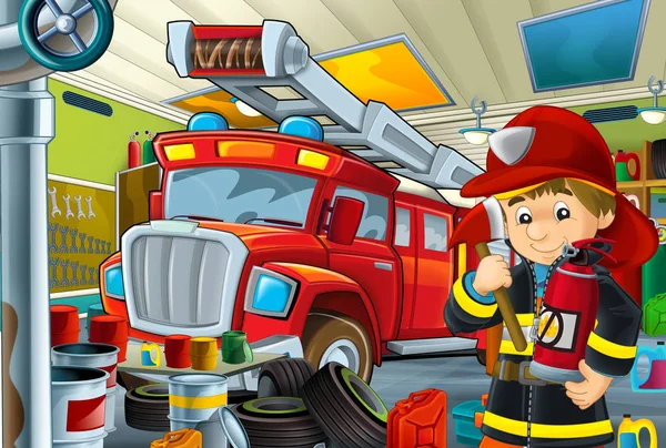 Cartoon Scene Fireman Garage Some Vehicle Fireman Car Cleaning Work — Stock Photo, Image