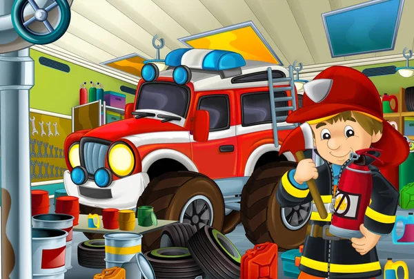 动画片场面与消防员和 Moster 卡车在修理车库 例证为孩子 — 图库照片