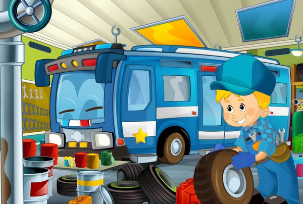 cartoon scene with garage mechanic working repearing some vehicle - police car - or cleaning work place - illustration for children