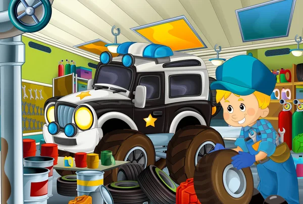 Cartoon Scene Policeman Some Garage Working Repearing Police Car Clearing — Stock Photo, Image