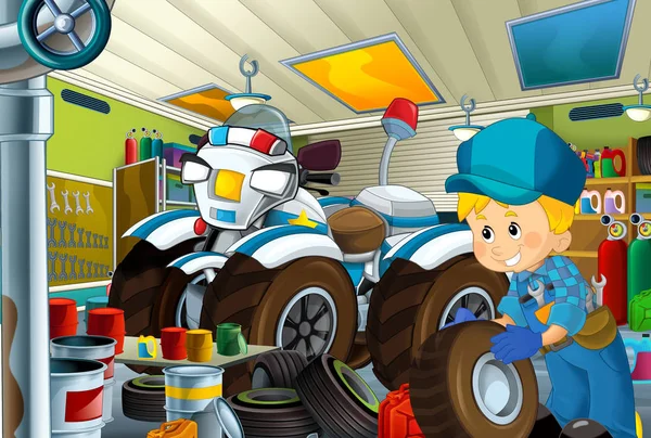 cartoon scene with garage mechanic working repearing some vehicle - police motorcycle - or cleaning work place - illustration for children