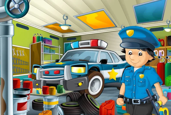 Γελοιογραφία Σκηνή Αστυνομικό Μερικά Γκαράζ Εργάζονται Repearing Αυτοκίνητο Της Αστυνομίας — Φωτογραφία Αρχείου