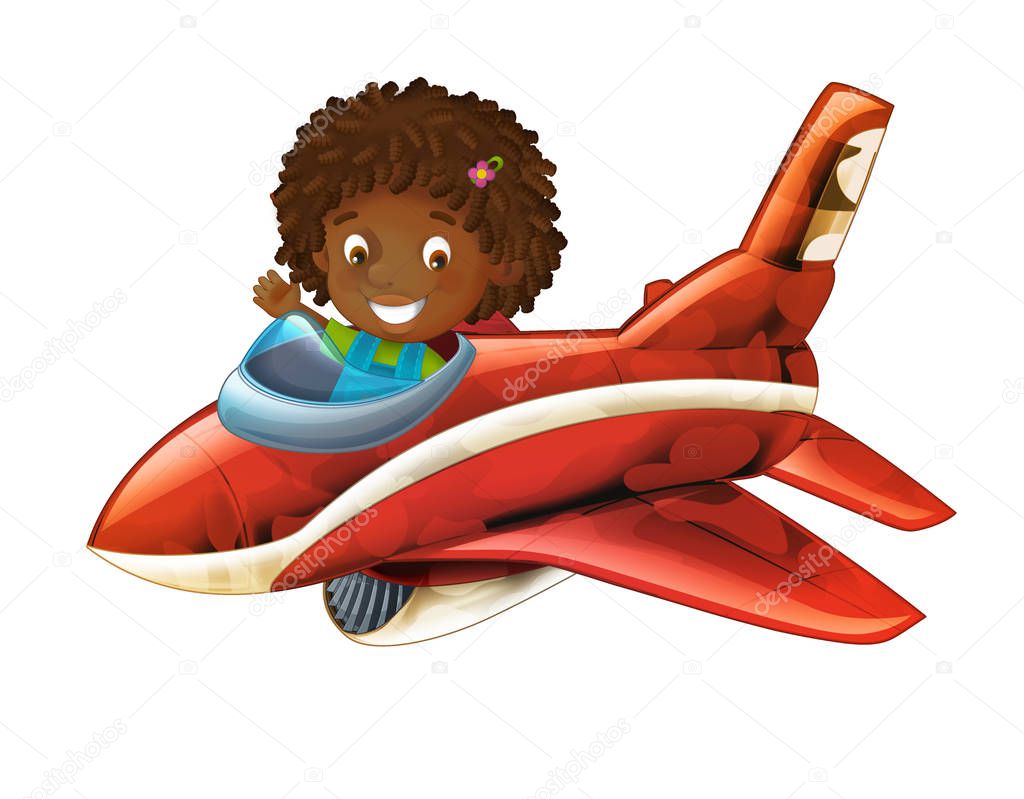 cartoon happy scene with kid in toy traditional plane with propeller flying - illustration for children