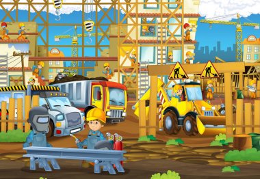 İnşaat sitesi ve çocuklar için farklı çalışma makineleri illüstrasyon ile karikatür scnee