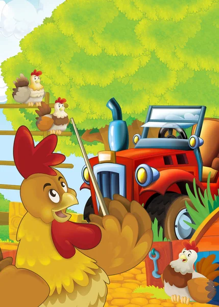 Cartoon Happy Nad Sunny Farm Scen Med Traktor För Olika — Stockfoto