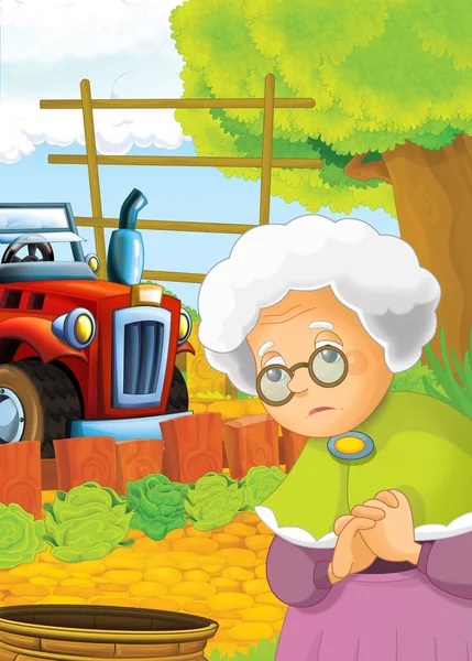 Karikatúra Boldog Nad Sunny Farm Jelenet Traktor Különböző Használati Illusztráció — Stock Fotó