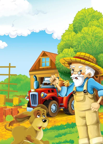 cartoon scene with happy farmer on the farm with tractor in the background and village - illustration for children