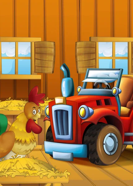 Cartoon Happy Funny Farm Scene Tractor Hens Car Different Tasks — Stock Photo, Image