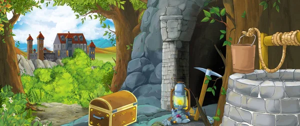 Escena de dibujos animados en el bosque con entrada oculta a la antigua mina y el reino del castillo en el fondo - ilustración para los niños — Foto de Stock