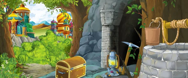 Scène de dessin animé dans la forêt avec entrée cachée à l'ancienne mine et le royaume du château en arrière-plan illustration pour les enfants — Photo