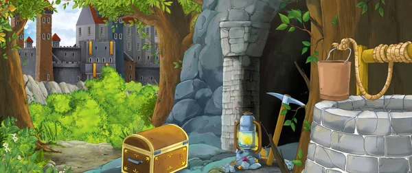 Escena de dibujos animados en el bosque con entrada oculta a la antigua mina y el reino del castillo en el fondo - ilustración para los niños —  Fotos de Stock