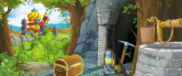 Scène de dessin animé dans la forêt avec entrée cachée à l'ancienne mine et le royaume du château en arrière-plan illustration pour les enfants — Photo