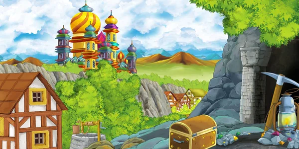 Cartoon scene with kingdom castle and mountains valley near the forest and farm village settlement and mining cave illustration for children — Stock Photo, Image