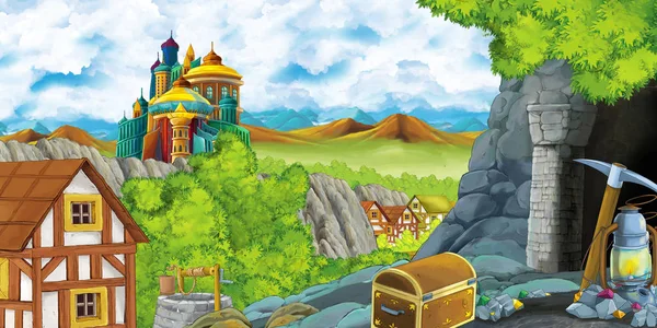 Мультяшна сцена з королівським замком та долиною гір біля лісу та фермерського селища та гірничодобувної печери ілюстрація для дітей — стокове фото
