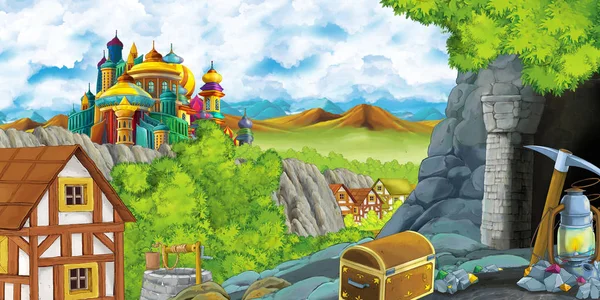 Cartoon scene with kingdom castle and mountains valley near the forest and farm village settlement and mining cave illustration for children — Stock Photo, Image