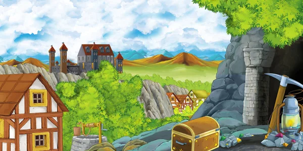 森林附近有王国城堡和山谷的卡通片场景和农场村庄居民点，以及为儿童提供的采石洞穴图解 — 图库照片