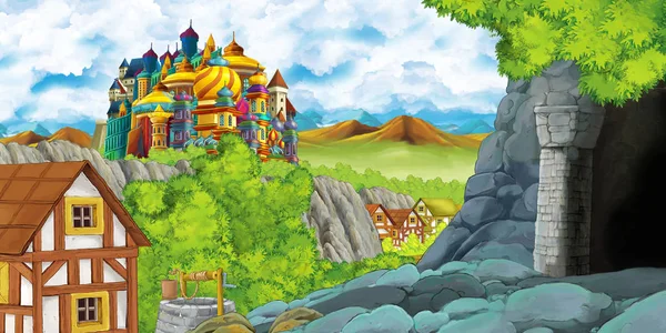 Scena de desene animate cu castel regat și valea munților în apropierea pădurii și așezarea satului de fermă și ilustrarea peșterii miniere pentru copii — Fotografie, imagine de stoc
