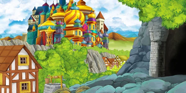 Escena de dibujos animados con castillo reino y valle de las montañas cerca del bosque y granja aldea asentamiento y la minería cueva ilustración para los niños — Foto de Stock