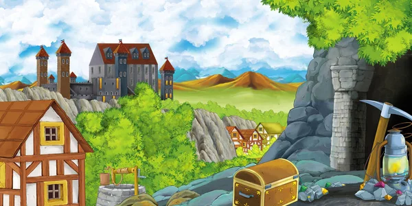 森林附近有王国城堡和山谷的卡通片场景和农场村庄居民点，以及为儿童提供的采石洞穴图解 — 图库照片