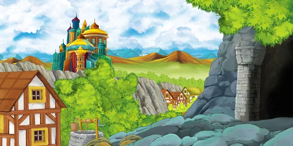 Escena de dibujos animados con castillo reino y valle de las montañas cerca del bosque y granja aldea asentamiento y la minería cueva ilustración para los niños —  Fotos de Stock