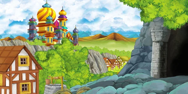 Escena de dibujos animados con castillo reino y valle de las montañas cerca del bosque y granja aldea asentamiento y la minería cueva ilustración para los niños — Foto de Stock