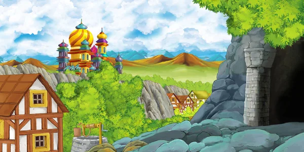 Cartoon scene with kingdom castle and mountains valley near the forest and farm village settlement and mining cave illustration for children — Stock Photo, Image